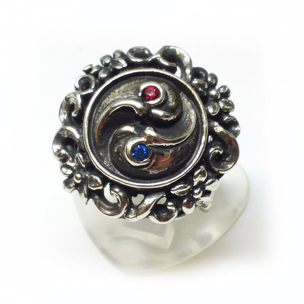 Yin-Yang With Flowers Sterling Silver Ring
