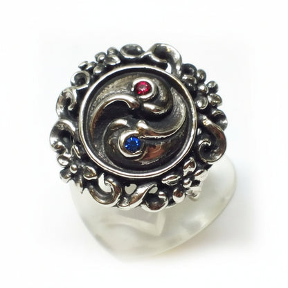 Yin-Yang With Flowers Sterling Silver Ring