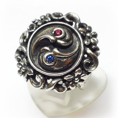 Yin Yang With Flowers Silver Ring with Ruby and Blak Onyx