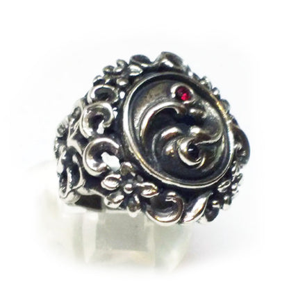 Yin Yang With Flowers Silver Ring with Ruby and Blak Onyx