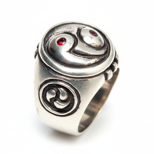 Yin Yang with Black and Red Stones Sterling Silver Ring V1