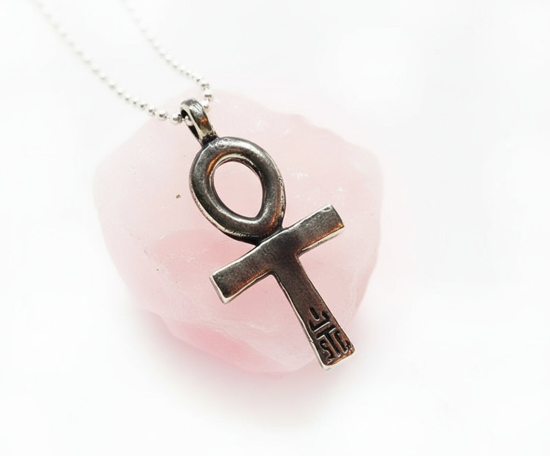 Ankh Egyptian Cross with Ruby Stone Silver Pendant