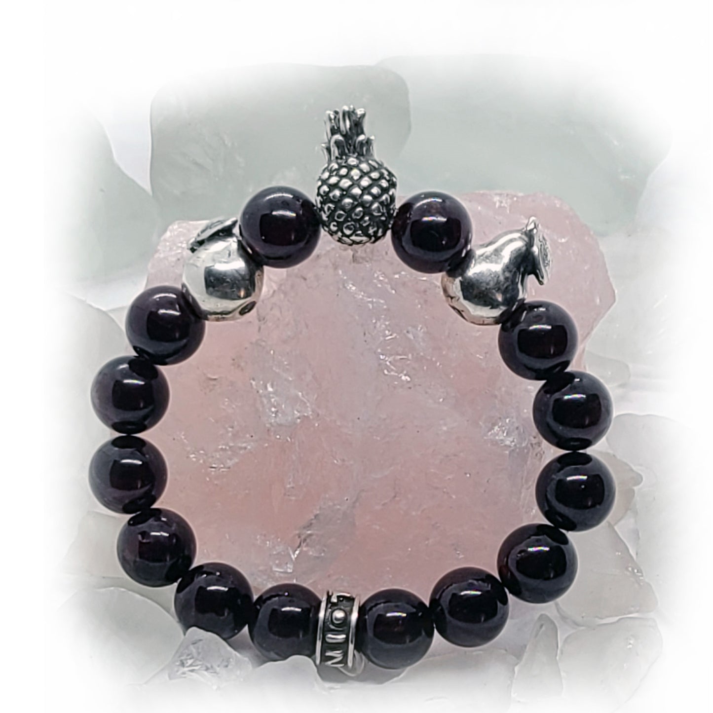 Silver Fruits Apple, Pear, Pineapple With Garnet Beads Bracelet