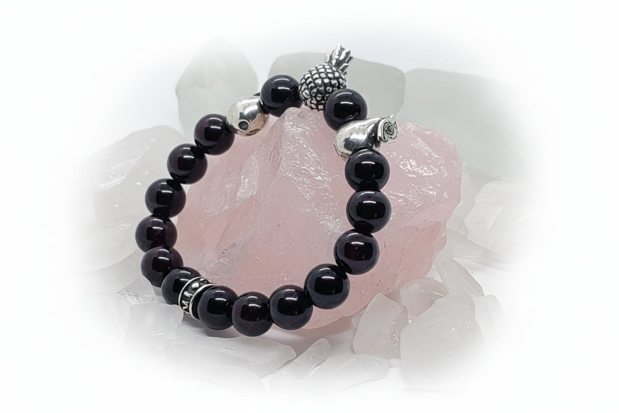 Silver Fruits Apple, Pear, Pineapple With Garnet Beads Bracelet