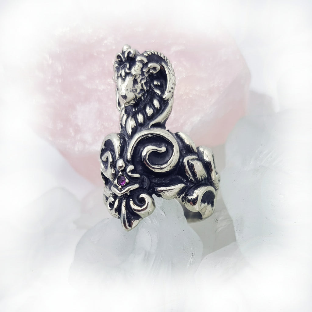 Aries Fleur De Lis Sterling Silver Ring with Ruby Stones
