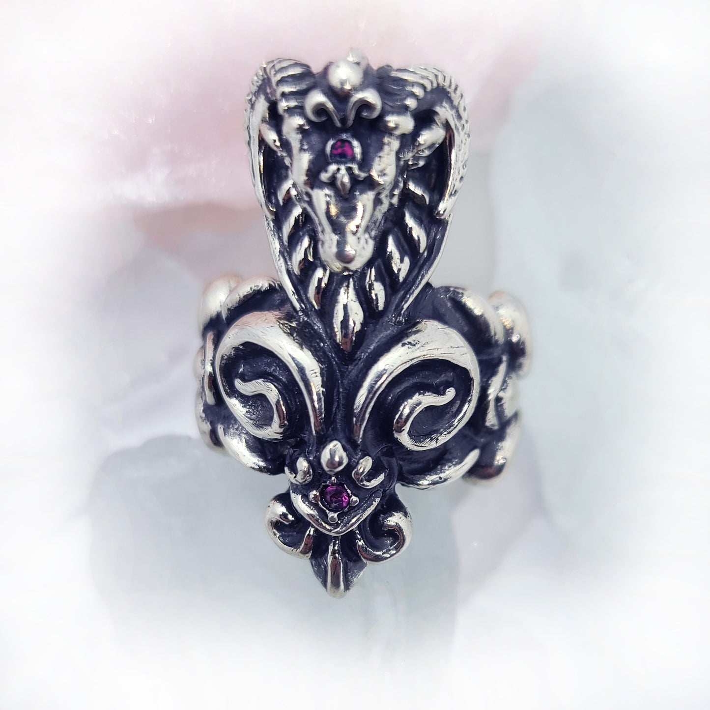 Aries Fleur De Lis Sterling Silver Ring with Ruby Stones