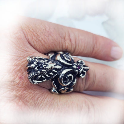 Aries Fleur De Lis Sterling Silver Ring with Ruby Stones