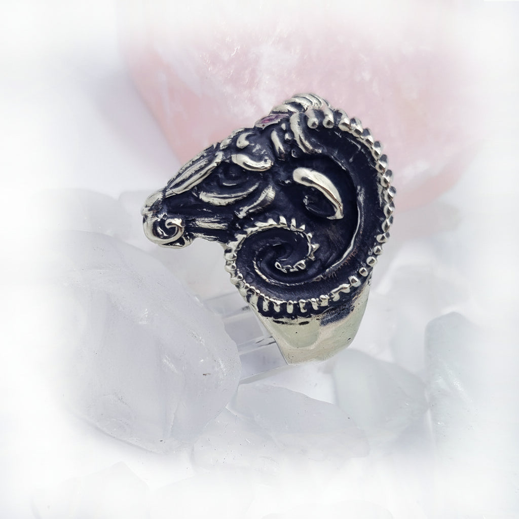 Aries Head Sterling Silver Ring With Ruby Stones