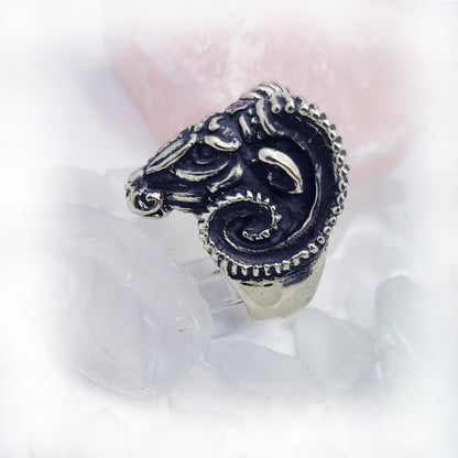 Aries Head Sterling Silver Ring With Ruby Stones