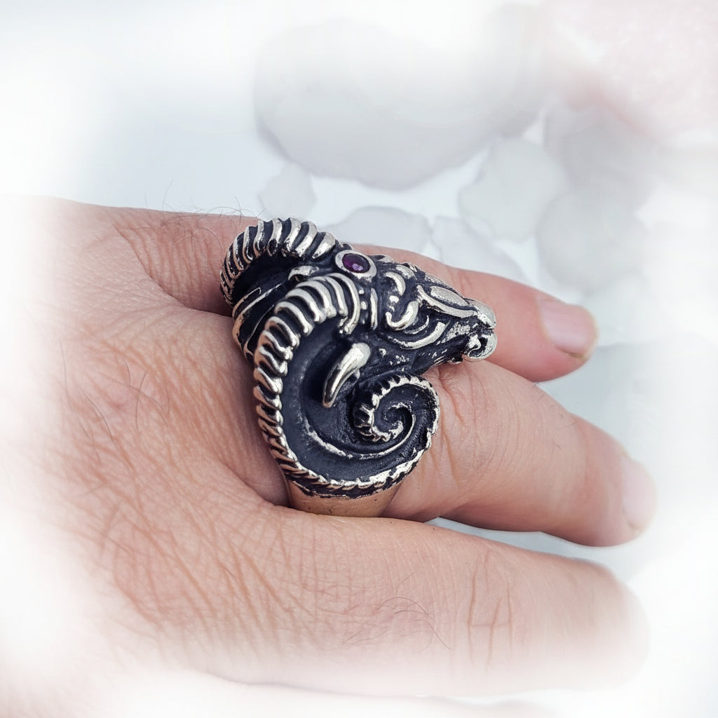Aries Head Sterling Silver Ring With Ruby Stones