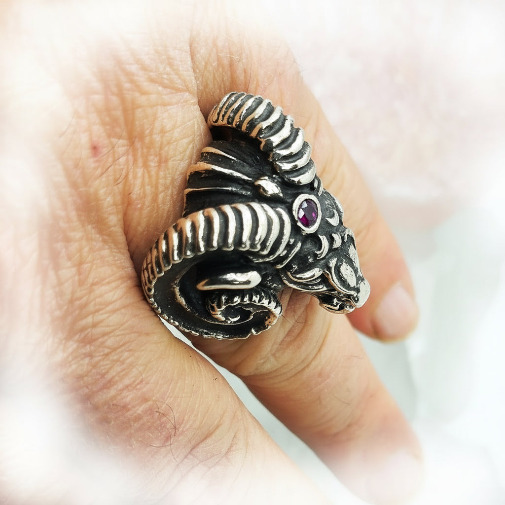 Aries Head Sterling Silver Ring With Ruby Stones