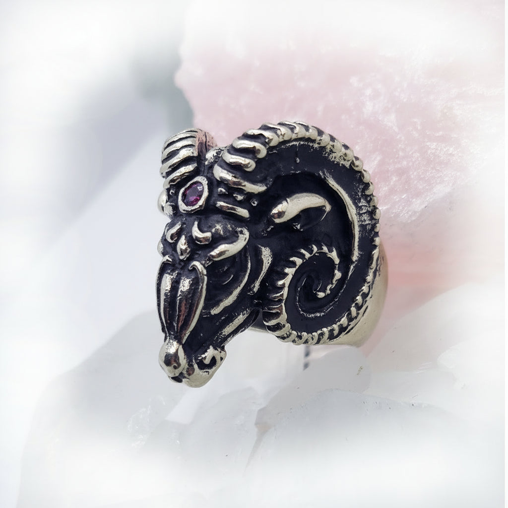 Aries Head Sterling Silver Ring With Ruby Stones