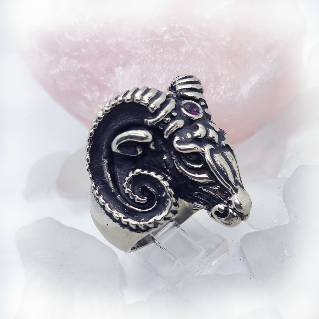 Aries Head Sterling Silver Ring With Ruby Stones