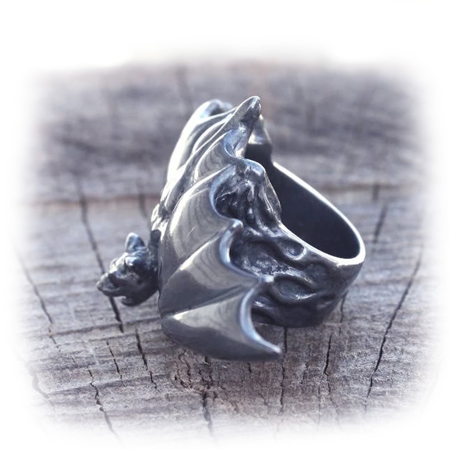 Black Silver Bat Wing IRC Silver Ring with Ruby Eyes