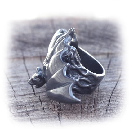 Black Silver Bat Wing IRC Silver Ring with Ruby Eyes