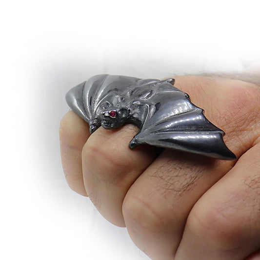 Black Silver Bat Wing IRC Silver Ring with Ruby Eyes