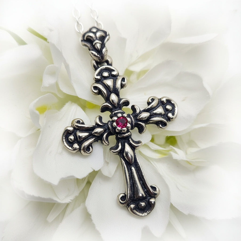 Blooming Cross with Ruby Stone Sterling Silver Pendant