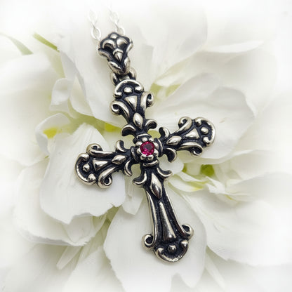 Blooming Cross with Ruby Stone Sterling Silver Pendant