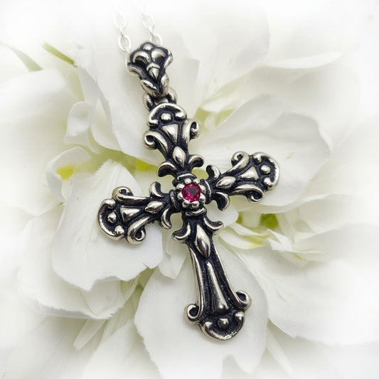 Blooming Cross with Ruby Stone Sterling Silver Pendant