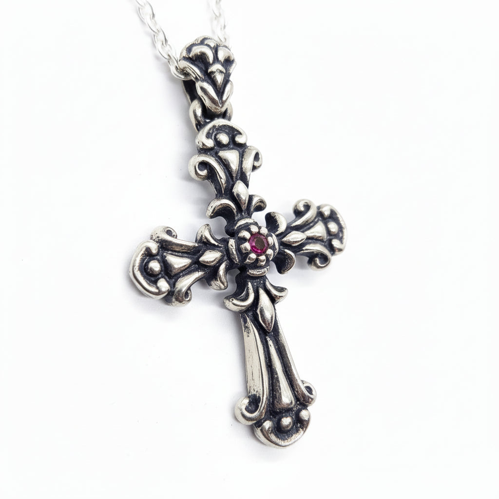 Blooming Cross with Ruby Stone Sterling Silver Pendant