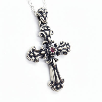 Blooming Cross with Ruby Stone Sterling Silver Pendant