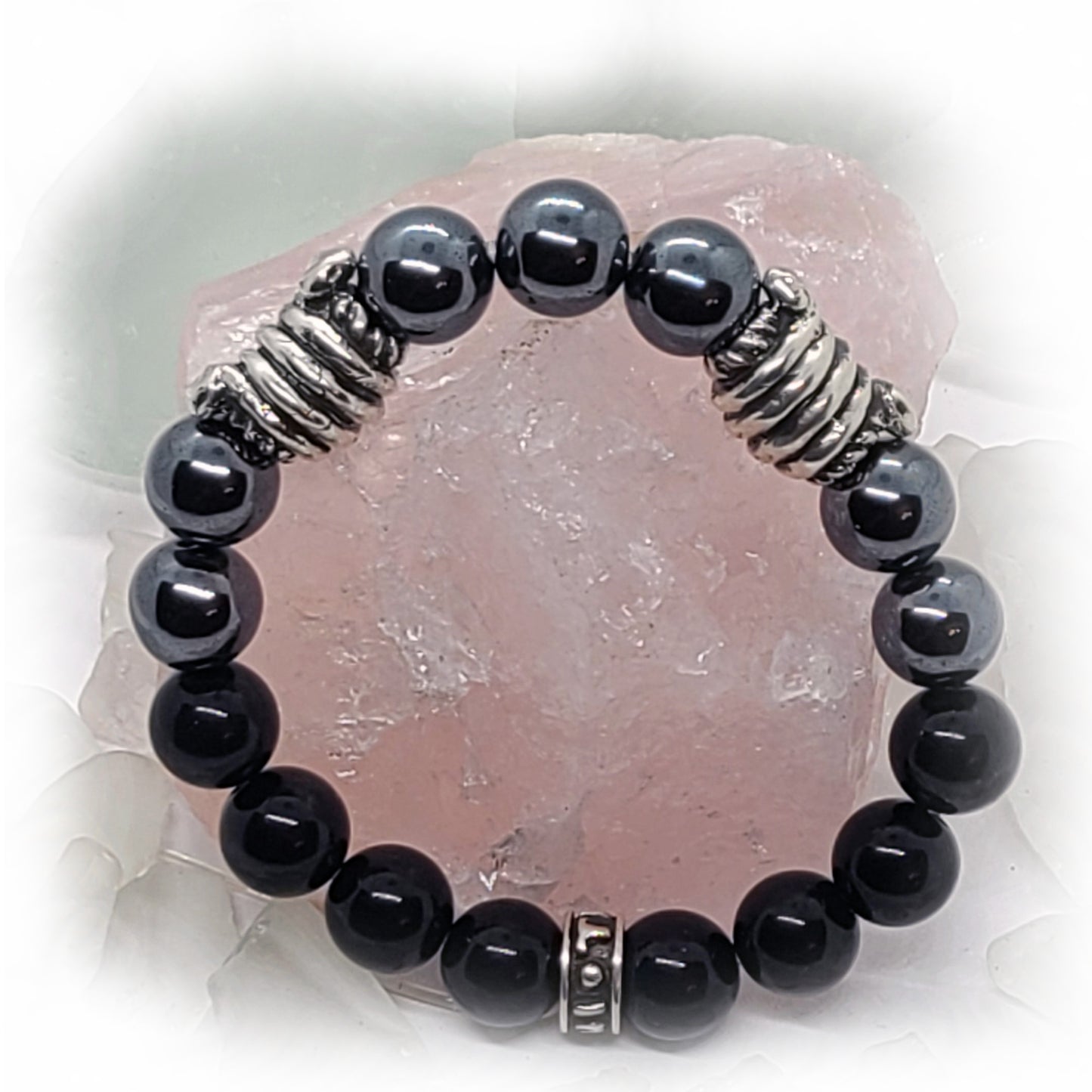 Double Snake Wrapped Silver Beads with Hematite and Black Onyx Stone Beads Bracelet