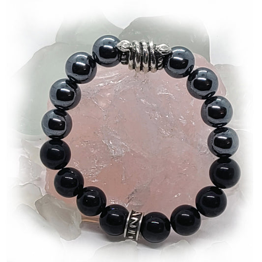 Snakes Wrapped Silver Beads with Hematite and Black Onyx Stones Beads Bracelet