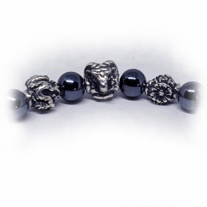 Dragon Birth Year Zodiac, Birth Months, Birth Month Flower Silver Hematite and Black Onyx Beads Bracelet