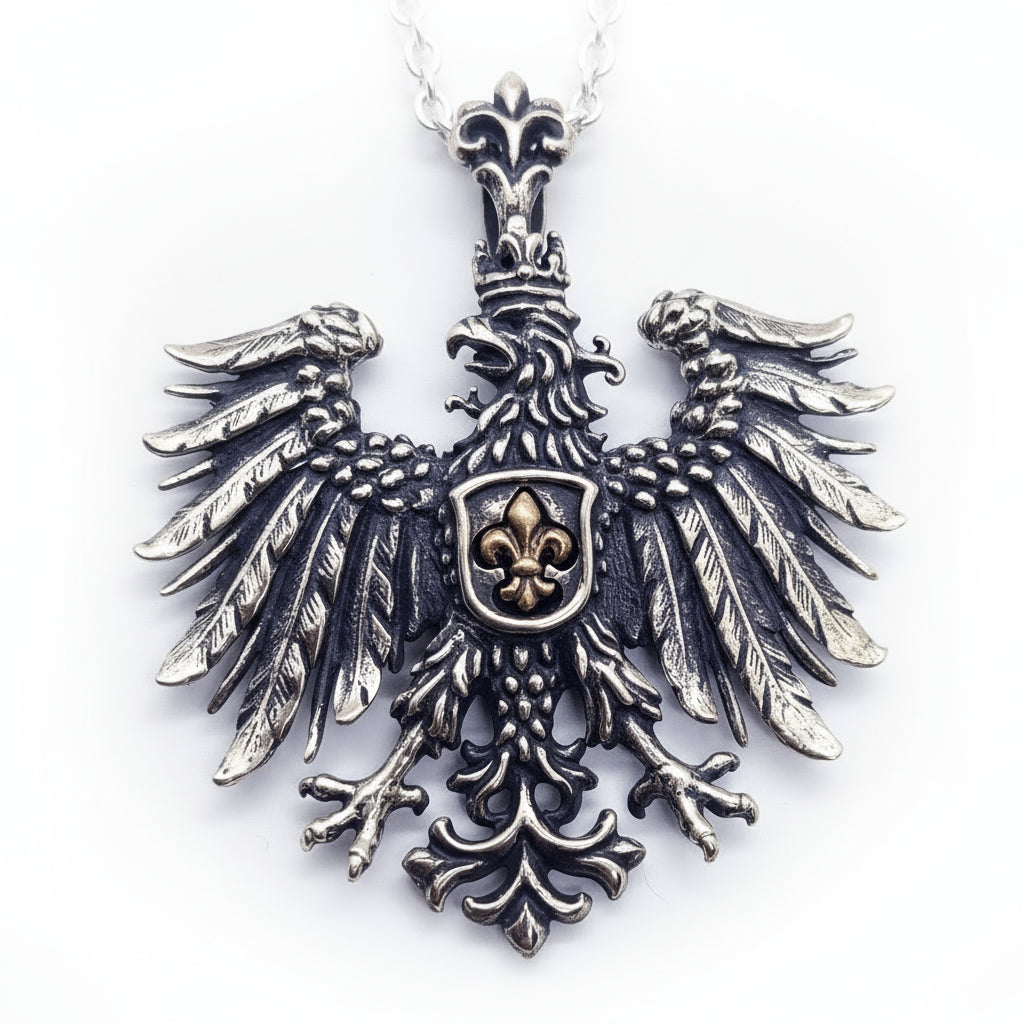 Heraldic Eagle Fleur-De-Lis Sterling Silver Pendant