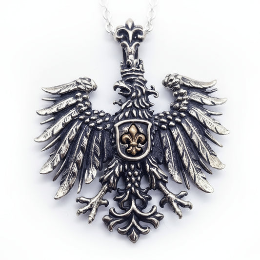Heraldic Eagle Fleur-De-Lis Sterling Silver Pendant