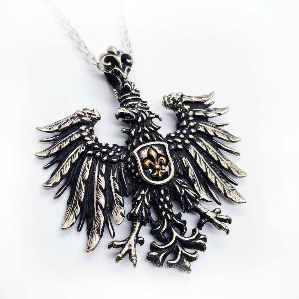 Heraldic Eagle Fleur-De-Lis Sterling Silver Pendant