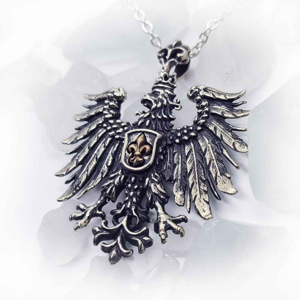 Heraldic Eagle Fleur-De-Lis Sterling Silver Pendant