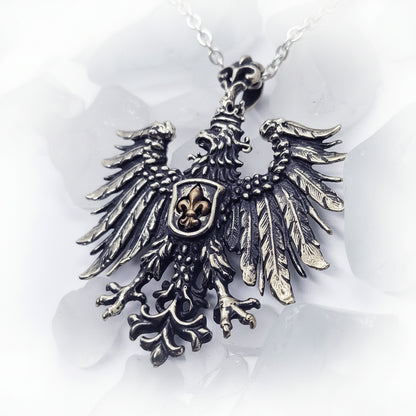 Heraldic Eagle Fleur-De-Lis Sterling Silver Pendant