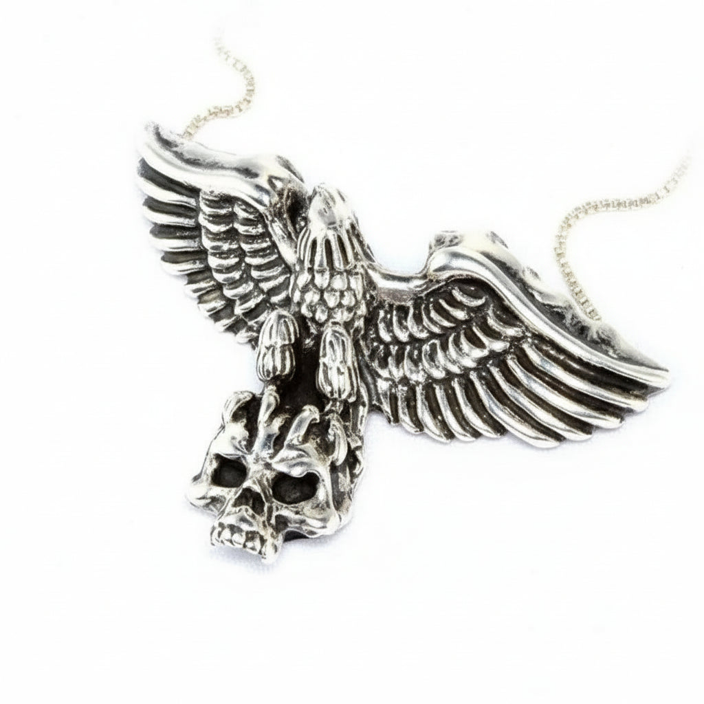 Eagle Flying and Carrying Skull Sterling Silver Pendant