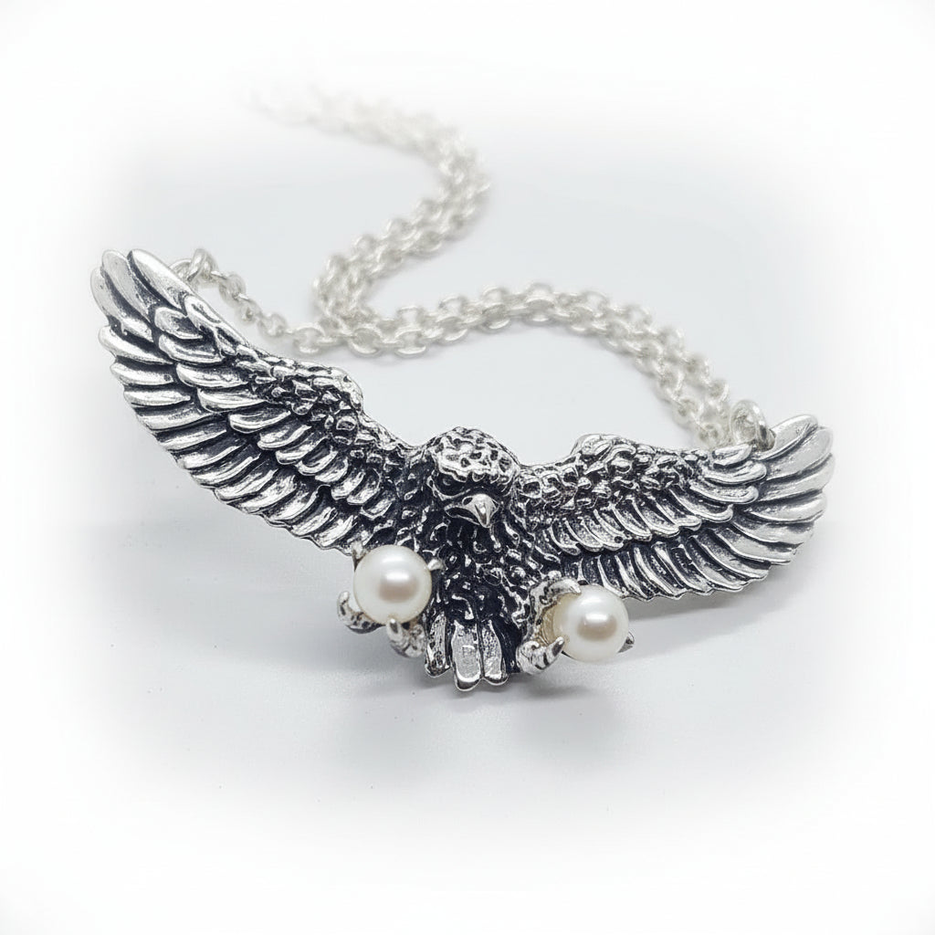Eagle Flying and Carrying Pears Sterling Silver Necklace