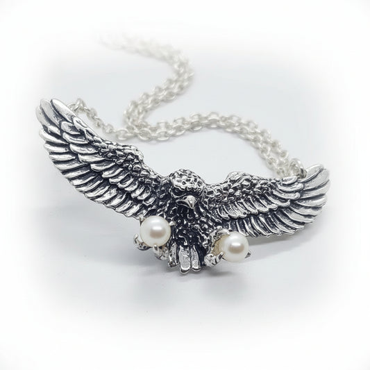 Eagle Flying and Carrying Pears Sterling Silver Necklace