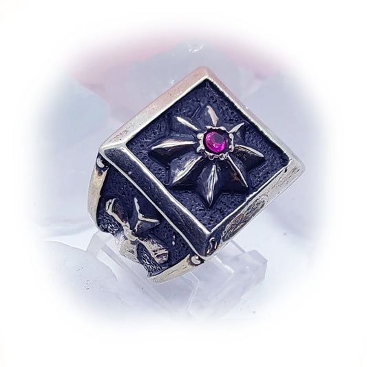 Eight - Winged Star With Cross and Ruby Stone Sterling Silver Ring
