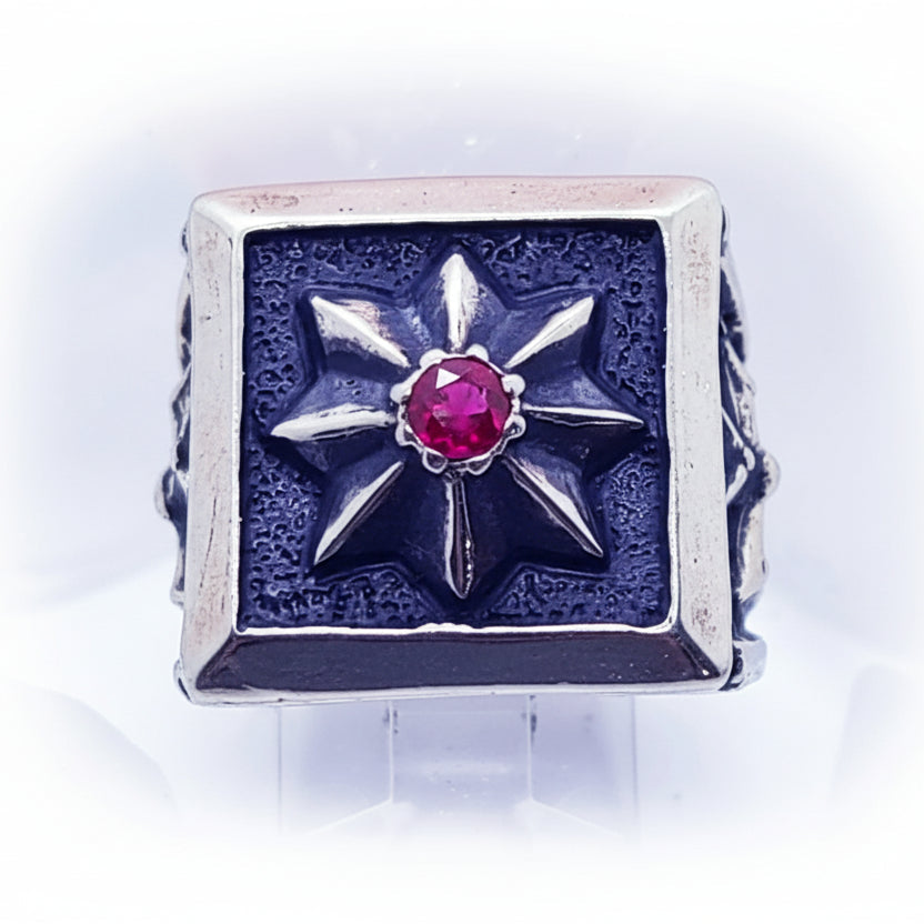 Eight - Winged Star With Cross and Ruby Stone Sterling Silver Ring