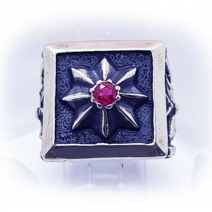 Eight - Winged Star With Cross and Ruby Stone Sterling Silver Ring