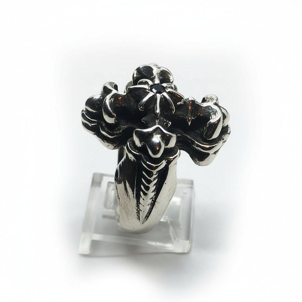 Cross with Eight Star and Onyx stone Sterling Silver Ring