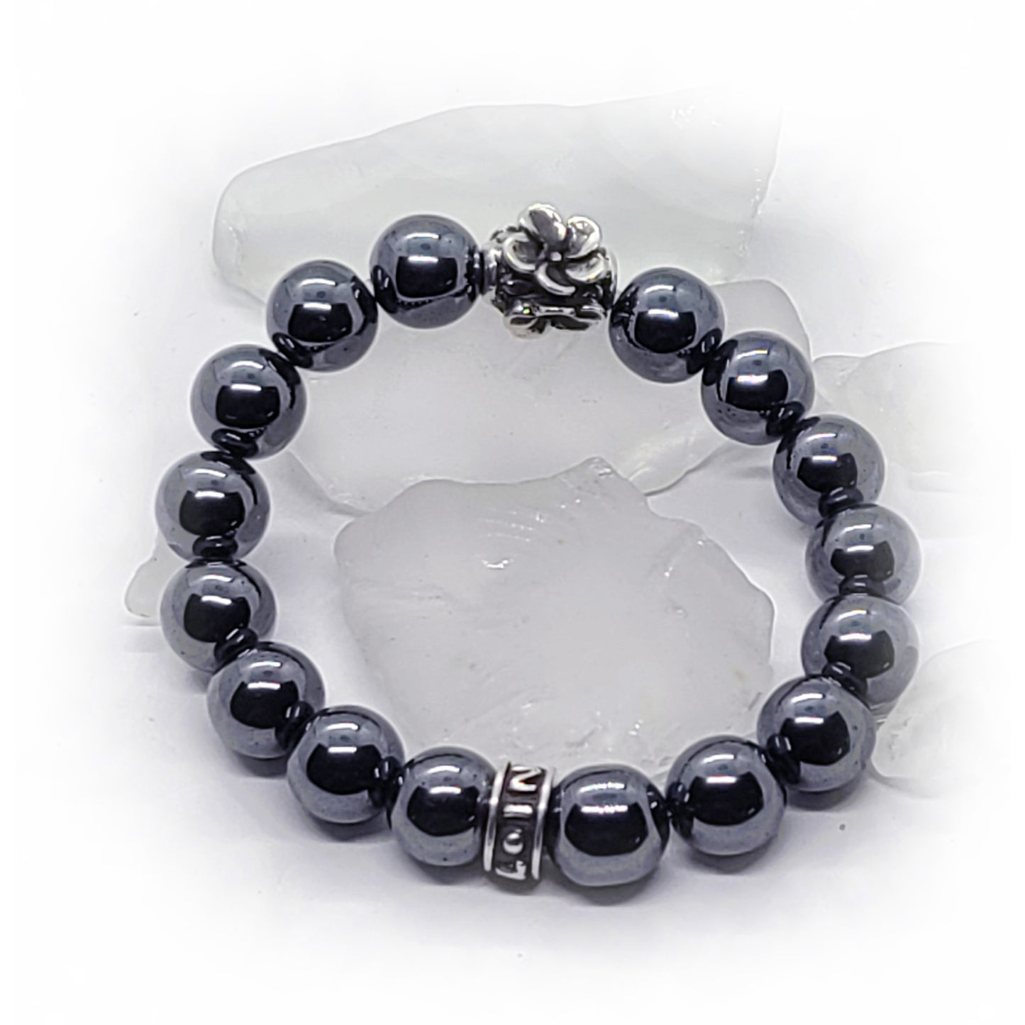 Violet Flower (February) Silver Bead with Hematite Beads Bracelet