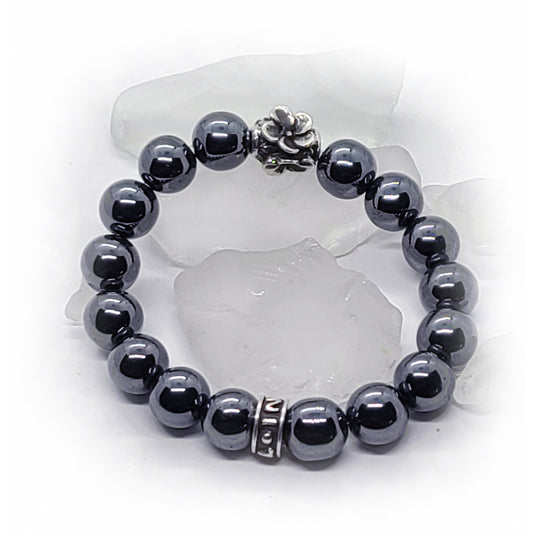 Violet Flower (February) Silver Bead with Hematite Beads Bracelet