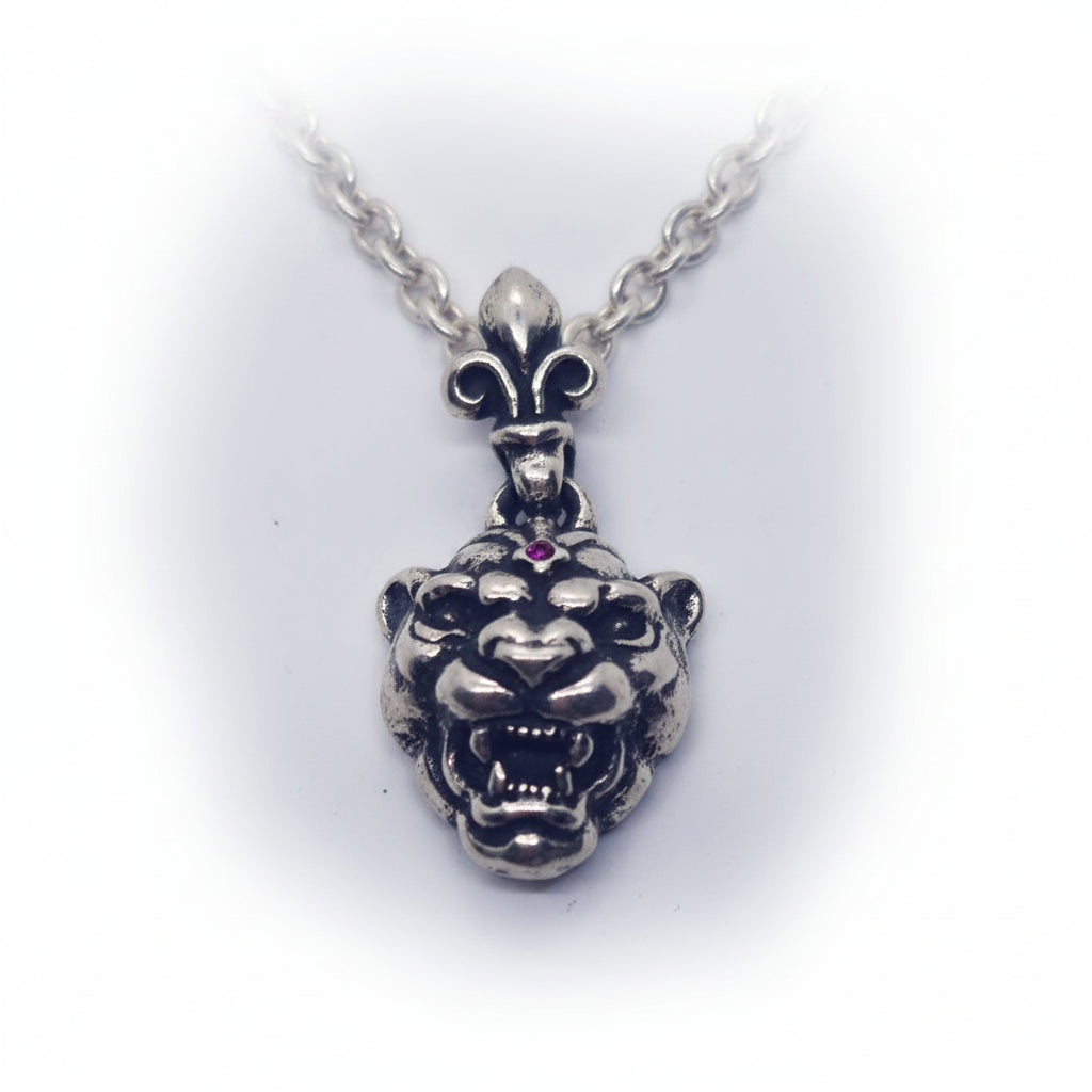 Female Lion Angry Head Sterling Silver Pendant with Ruby