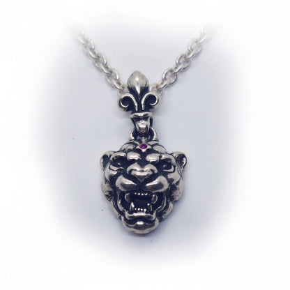 Female Lion Angry Head Sterling Silver Pendant with Ruby