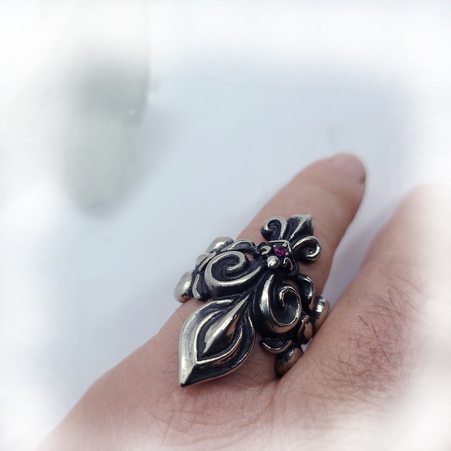 Unique Fleur De Lis Sterling Silver Ring with Ruby Stone