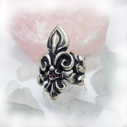 Unique Fleur De Lis Sterling Silver Ring with Ruby Stone