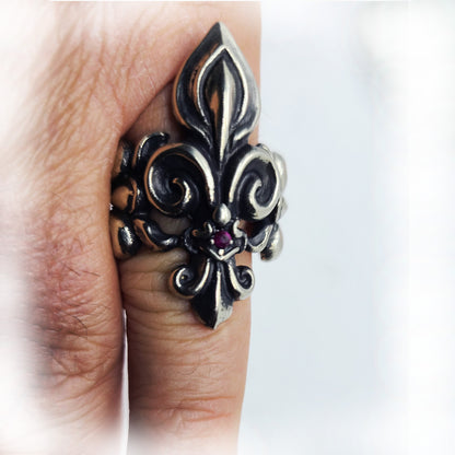 Unique Fleur De Lis Sterling Silver Ring with Ruby Stone