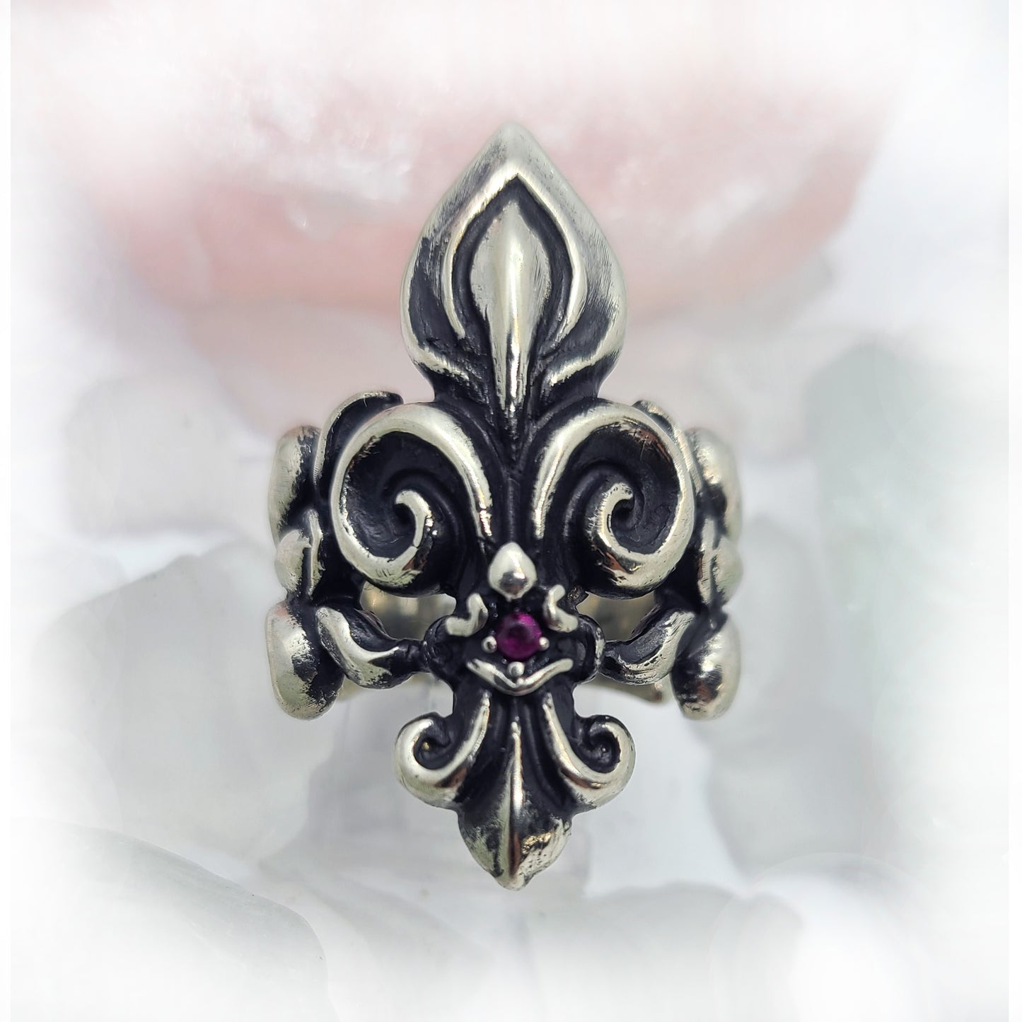 Unique Fleur De Lis Sterling Silver Ring with Ruby Stone