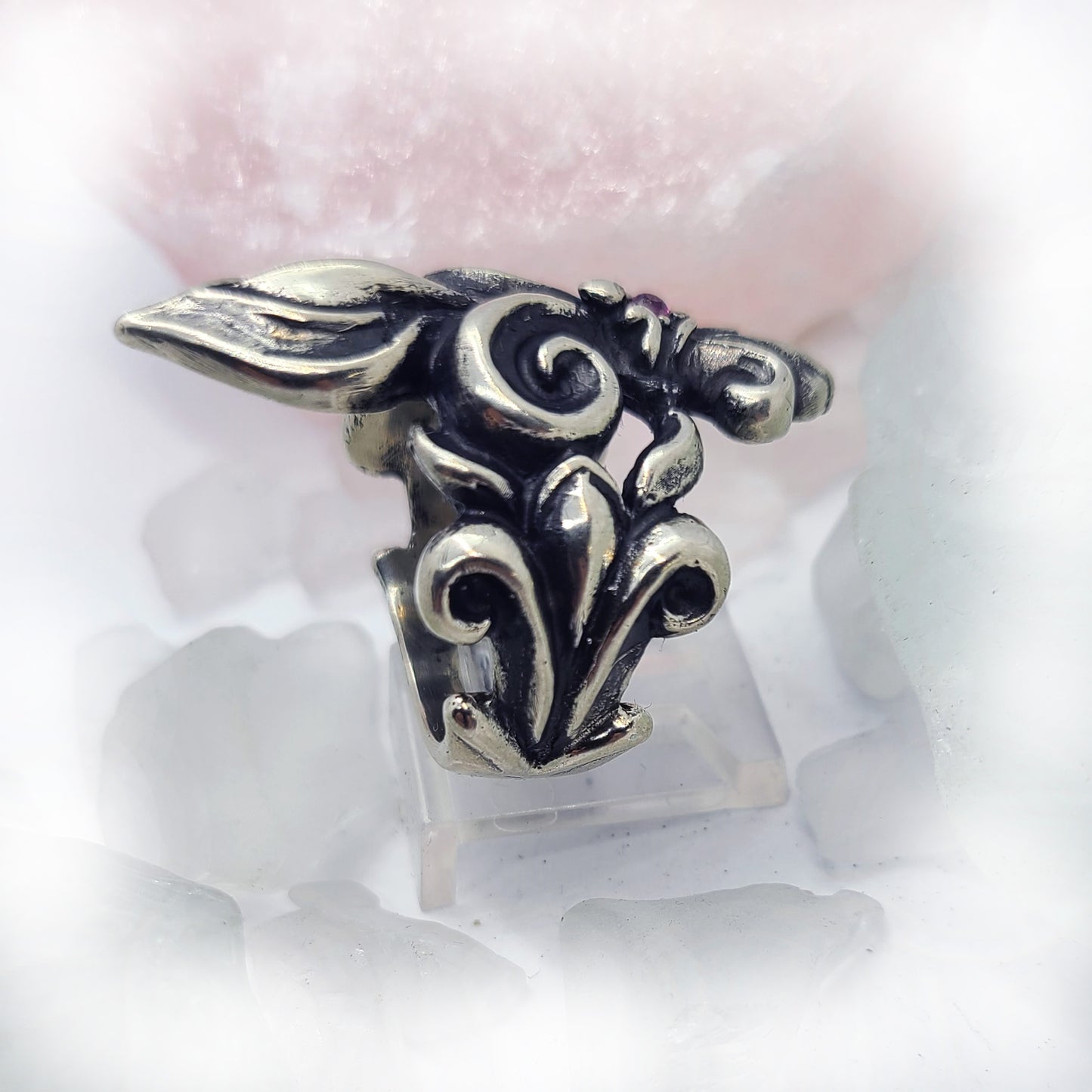 Unique Fleur De Lis Sterling Silver Ring with Ruby Stone