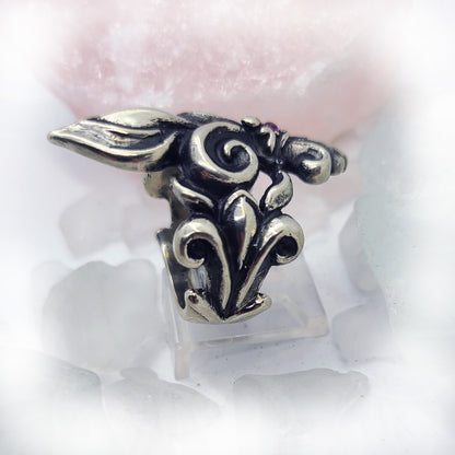 Unique Fleur De Lis Sterling Silver Ring with Ruby Stone